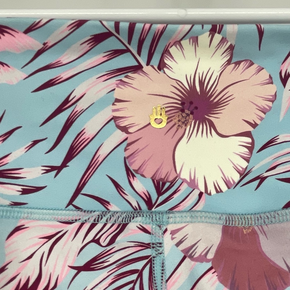 SPIRITUAL GANGSTER TROPICAL HAWAIIAN PRINT BLUE PINK HIGH RISE LEGGINGS SMALL - Picture 2 of 5